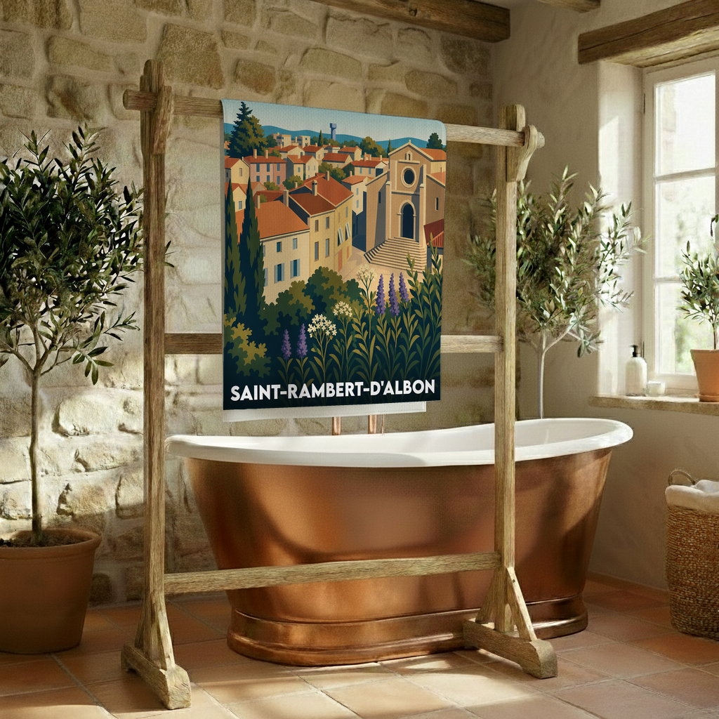 Serviette de bain souvenir de Saint-Rambert-d'Albon illustrée d'une vue stylisée de la ville et de son église.