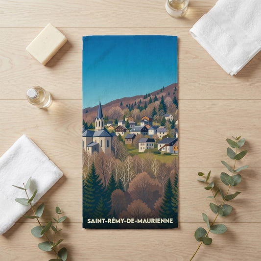 Serviette de bain souvenir de la ville de Saint-Rémy-de-Maurienne avec une illustration stylisée.