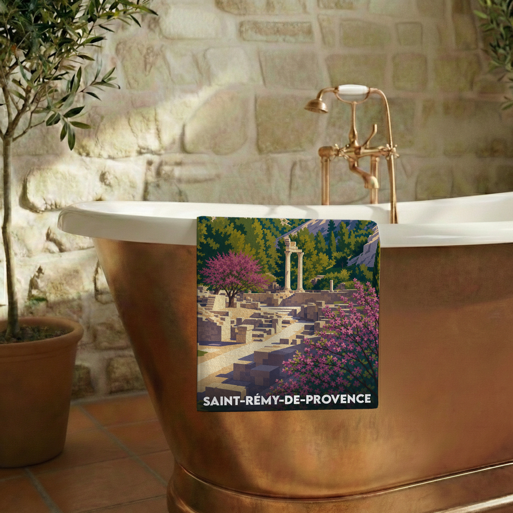 Serviette de bain souvenir de Saint-Rémy-de-Provence illustrée de ruines romaines et de cerisiers en fleurs.