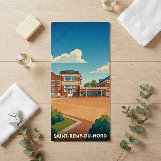 Serviette de bain souvenir de la ville de Saint-Remy-du-Nord avec une illustration stylisée.