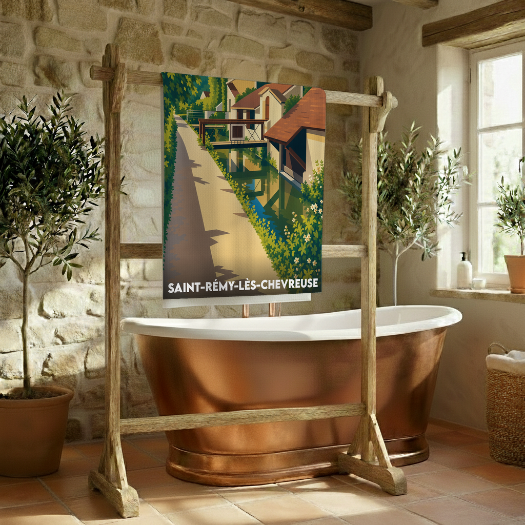 Serviette de bain souvenir de la ville de Saint-Rémy-lès-Chevreuse avec une illustration stylisée des bords de l'Yvette.