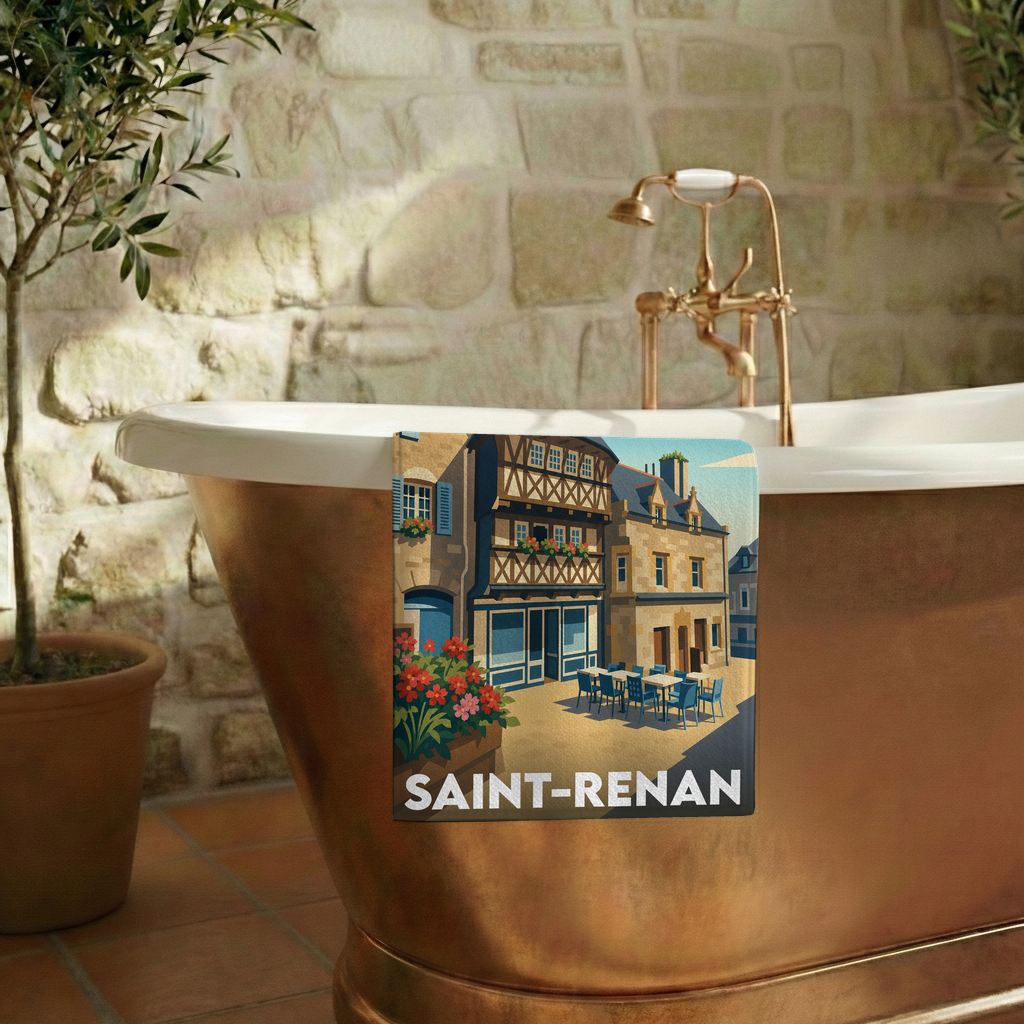 Serviette de bain souvenir de la ville de Saint-Renan avec une illustration stylisée.