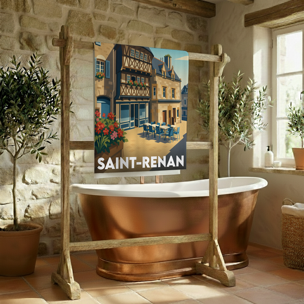 Serviette de bain souvenir de la ville de Saint-Renan ornée d'une illustration stylisée de ses maisons à colombages.
