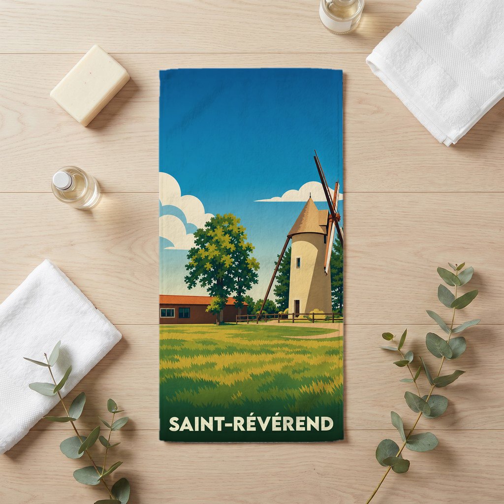 Serviette de bain souvenir de la ville de Saint-Révérend avec une illustration stylisée d'un moulin.