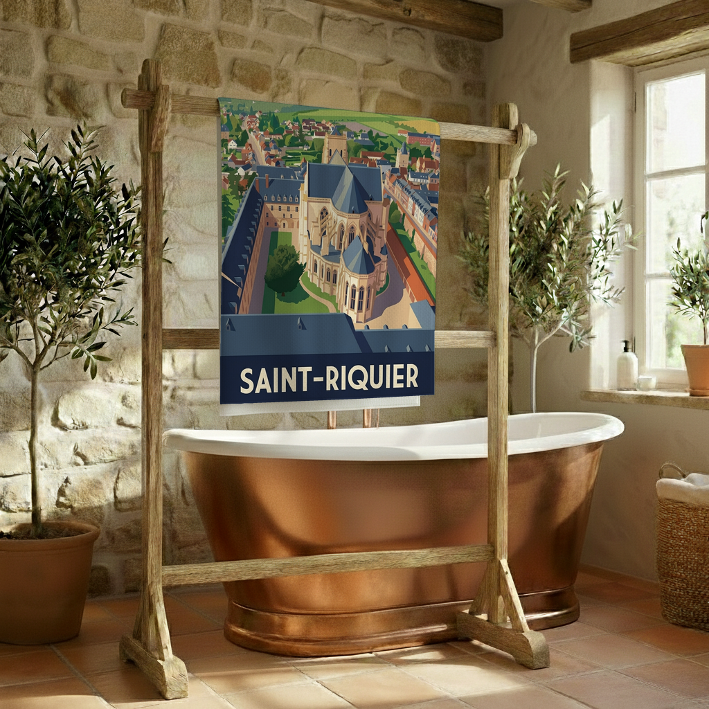 Serviette de bain souvenir de la ville de Saint-Riquier avec une illustration stylisée.