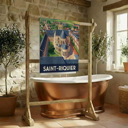 Serviette de bain souvenir de la ville de Saint-Riquier avec une illustration stylisée.