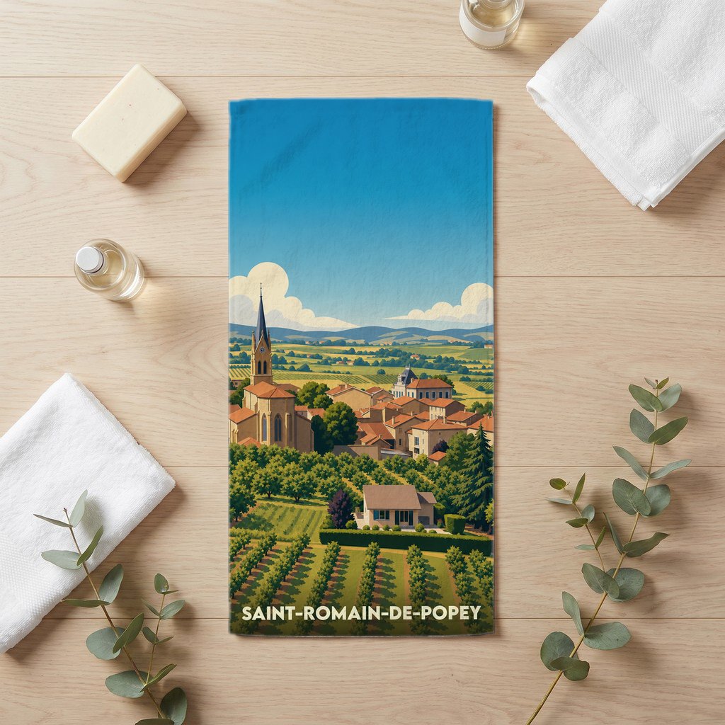 Serviette de bain souvenir de la ville de Saint-Romain-de-Popey avec une illustration stylisée de son paysage.