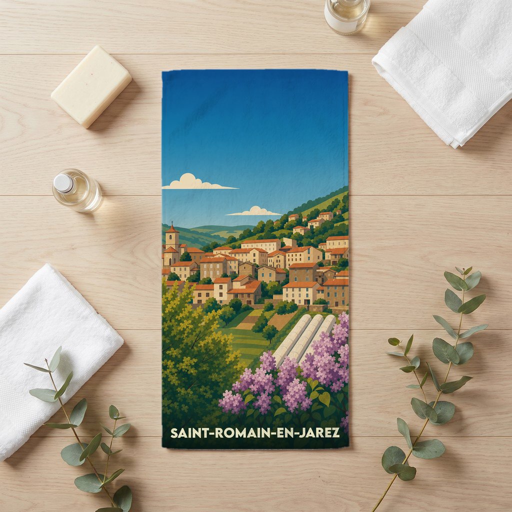 Serviette de bain souvenir de Saint-Romain-en-Jarez avec une illustration stylisée du village.