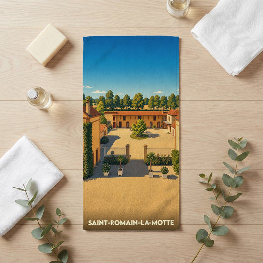 Serviette de bain souvenir de la ville de Saint-Romain-la-Motte avec une illustration stylisée.