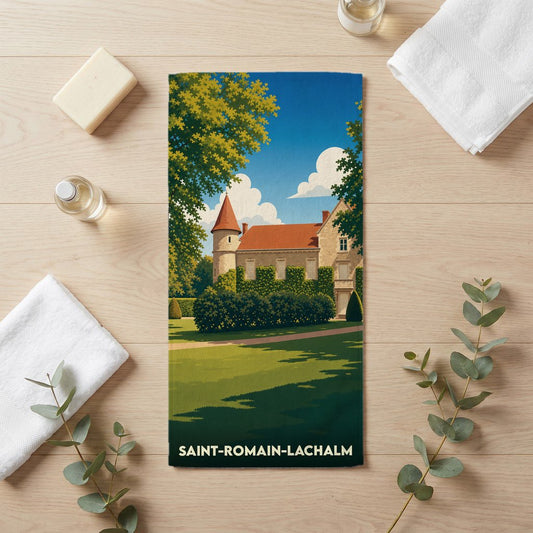 Serviette de bain souvenir de la ville de Saint-Romain-Lachalm avec une illustration stylisée d'un château.