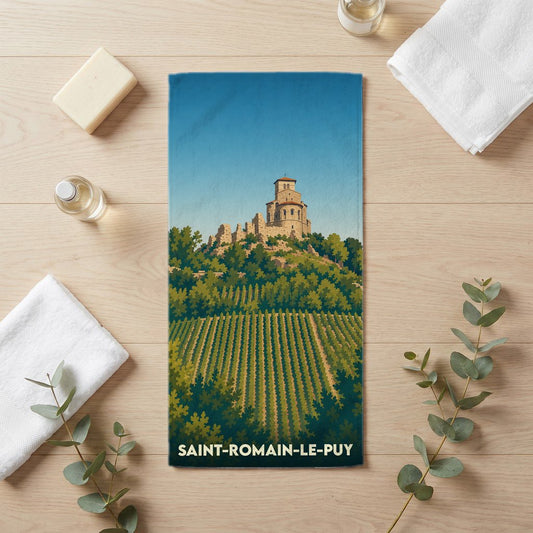 Serviette de bain souvenir de la ville de Saint-Romain-le-Puy avec une illustration stylisée.