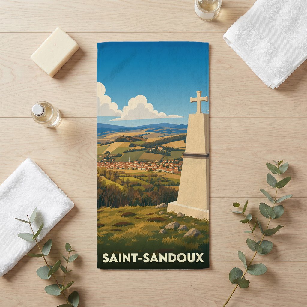 Serviette de bain souvenir de Saint-Sandoux ornée d'une illustration stylisée du paysage local.