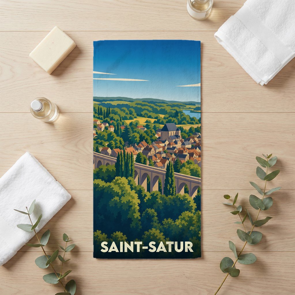 Serviette de bain souvenir de la ville de Saint-Satur avec une illustration stylisée.