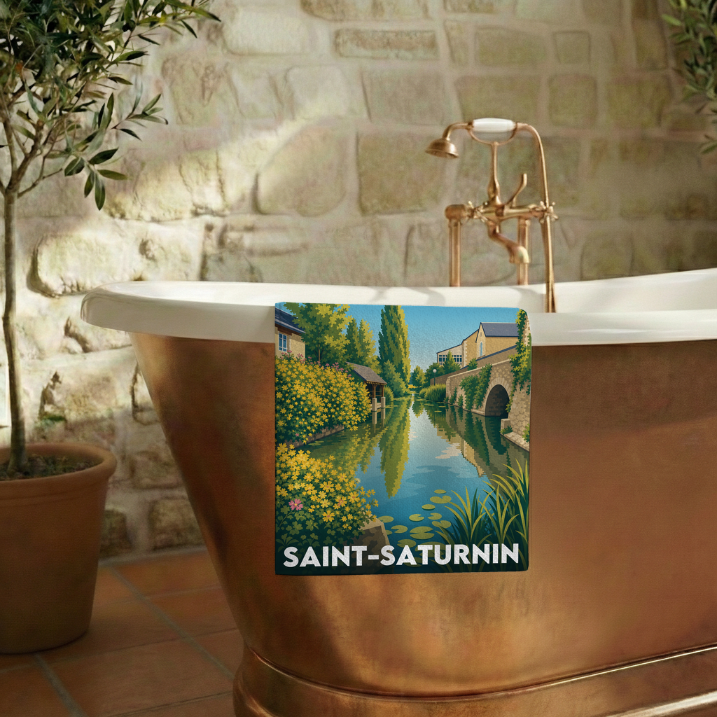 Serviette de bain souvenir de la ville de Saint-Saturnin avec une illustration stylisée.