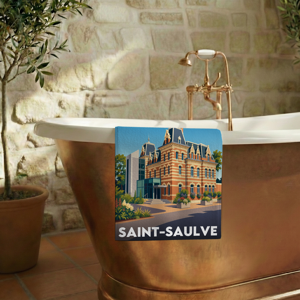 Serviette de bain souvenir de la ville de Saint-Saulve avec une illustration stylisée d'un bâtiment en briques.