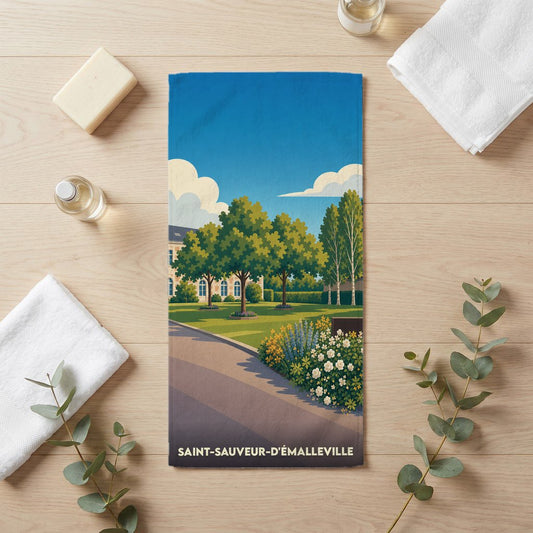 Serviette de bain souvenir de Saint-Sauveur-d'Émalleville avec une illustration de parc arboré.