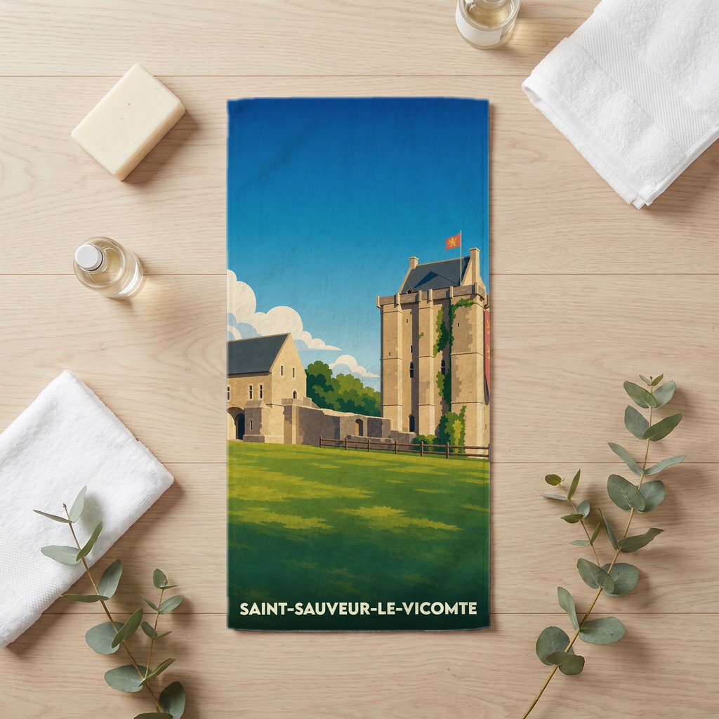 Serviette de bain souvenir de Saint-Sauveur-le-Vicomte illustrant son château médiéval dans un style épuré.
