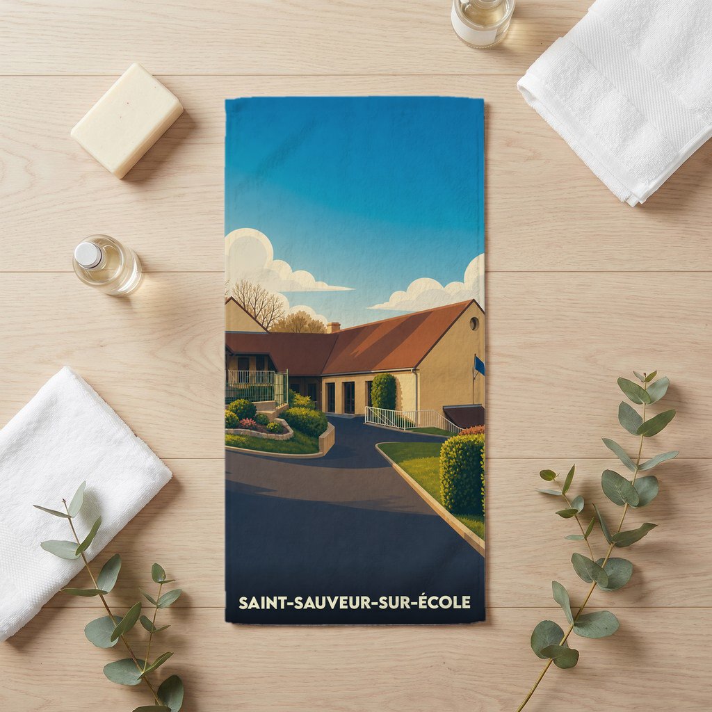 Serviette de bain souvenir de Saint-Sauveur-sur-École illustrée par un paysage de style affiche de voyage.