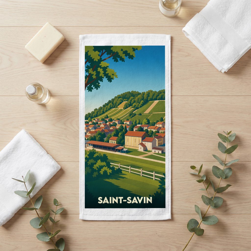 Serviette souvenir de la ville de Saint-Savin avec une illustration stylisée de paysages et de vignobles.