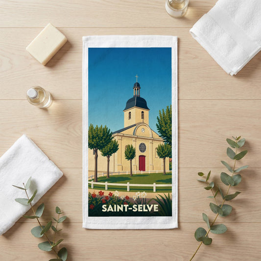 Serviette de bain souvenir de la ville de Saint-Selve avec une illustration stylisée de son église.