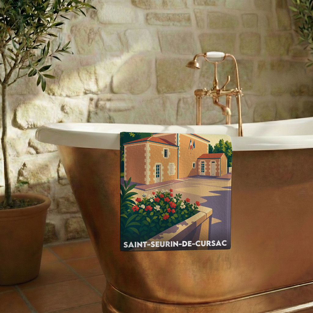 Serviette de bain souvenir de la ville de Saint-Seurin-de-Cursac avec une illustration stylisée.