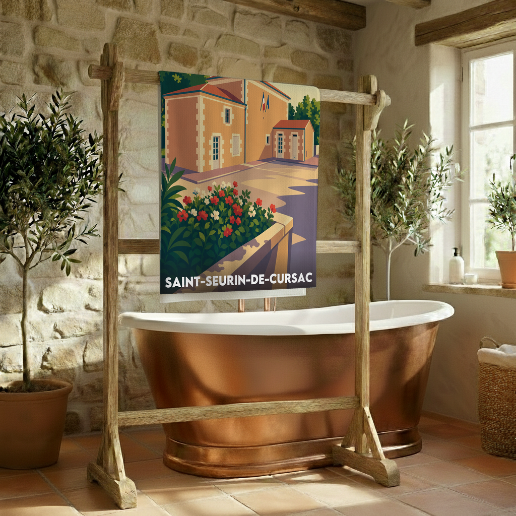 Serviette de bain souvenir de la ville de Saint-Seurin-de-Cursac avec une illustration stylisée.