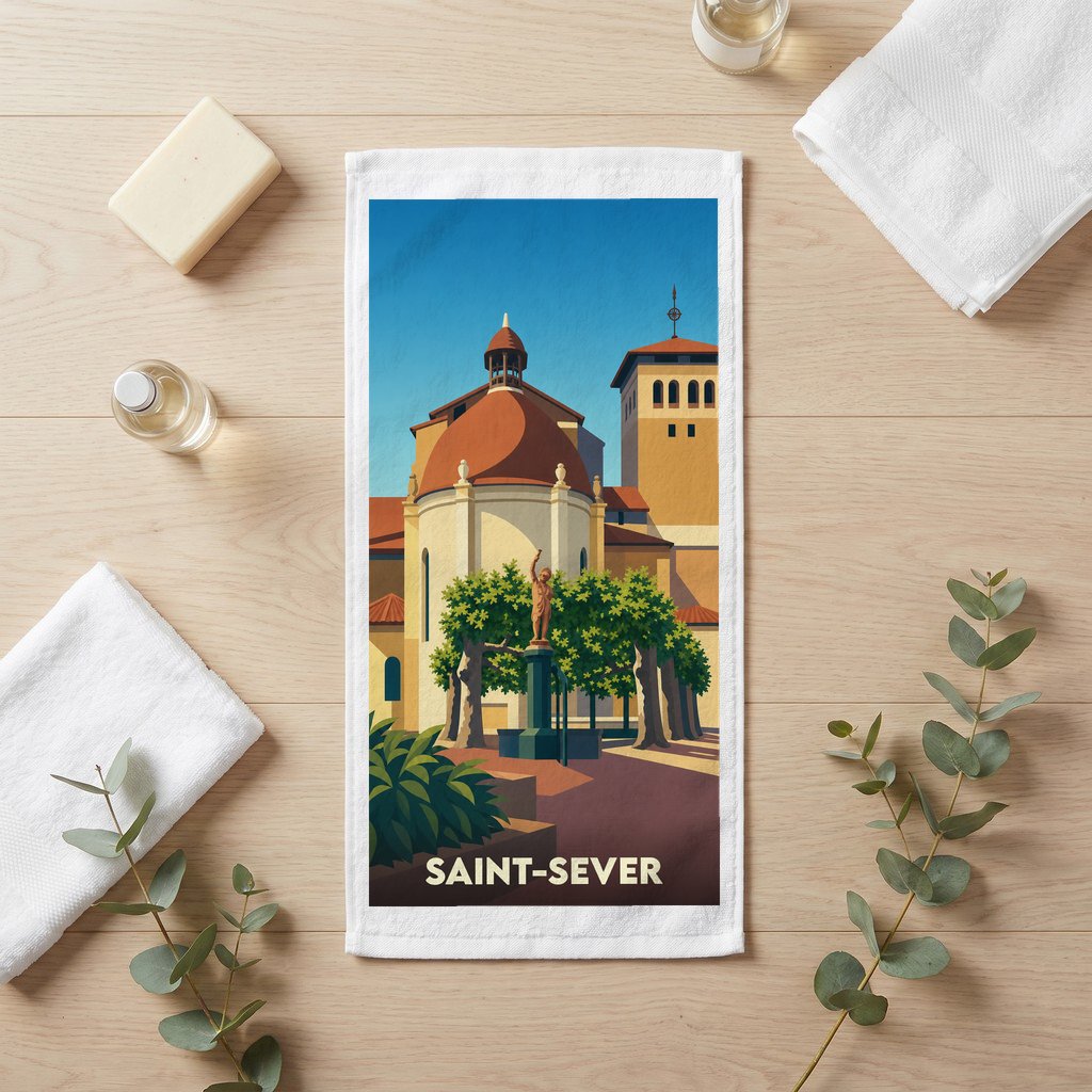 Serviette de bain souvenir de la ville de Saint-Sever avec une illustration stylisée.