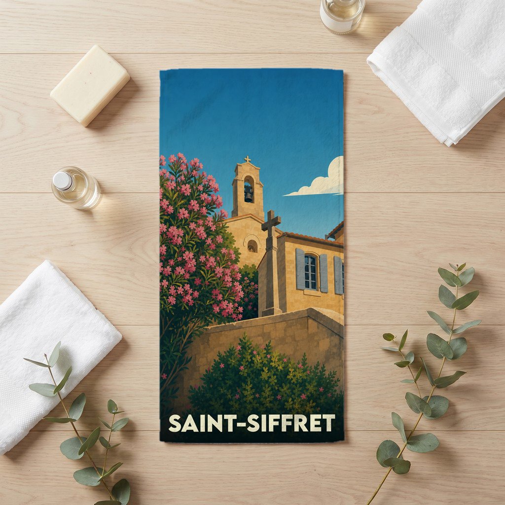 Serviette de bain souvenir de la ville de Saint-Siffret avec une illustration stylisée.