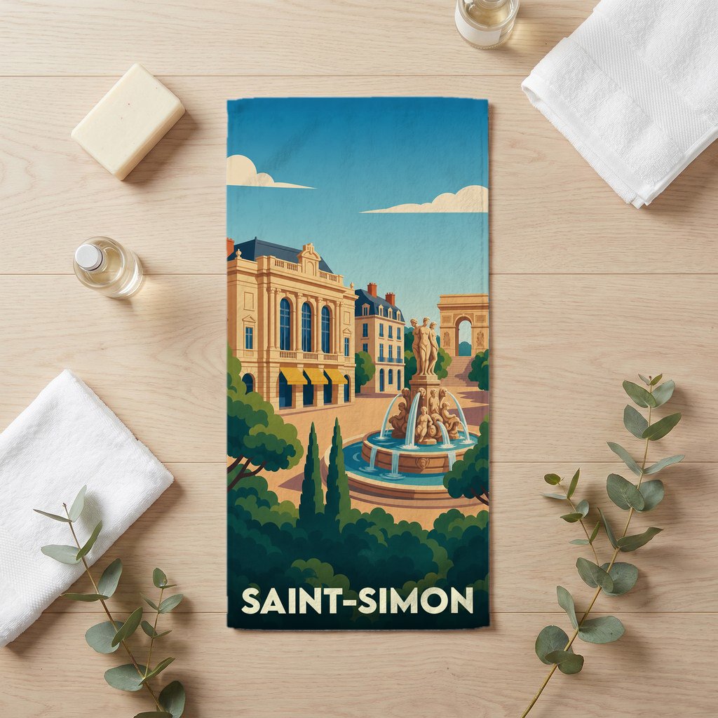 Serviette de bain souvenir de la ville de Saint-Simon avec une illustration stylisée d'une fontaine et d'une architecture classique.