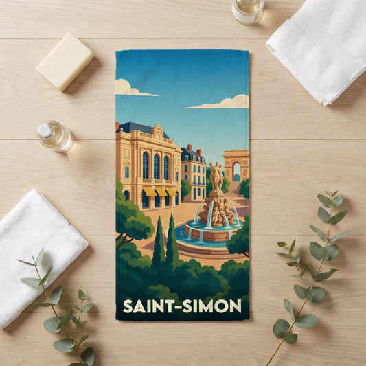 Serviette de bain souvenir de la ville de Saint-Simon avec une illustration stylisée d'une fontaine et d'une architecture classique.