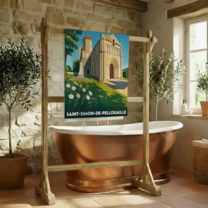 Serviette de bain souvenir de la ville de Saint-Simon-de-Pellouaille avec une illustration stylisée.