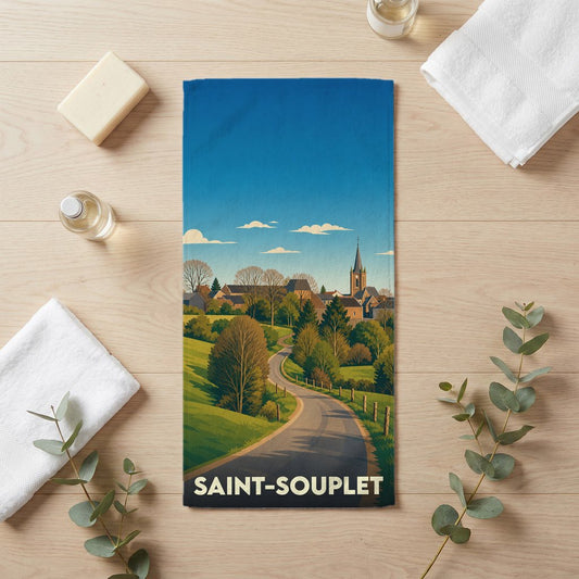Serviette de bain souvenir de la ville de Saint-Souplet avec une illustration stylisée.