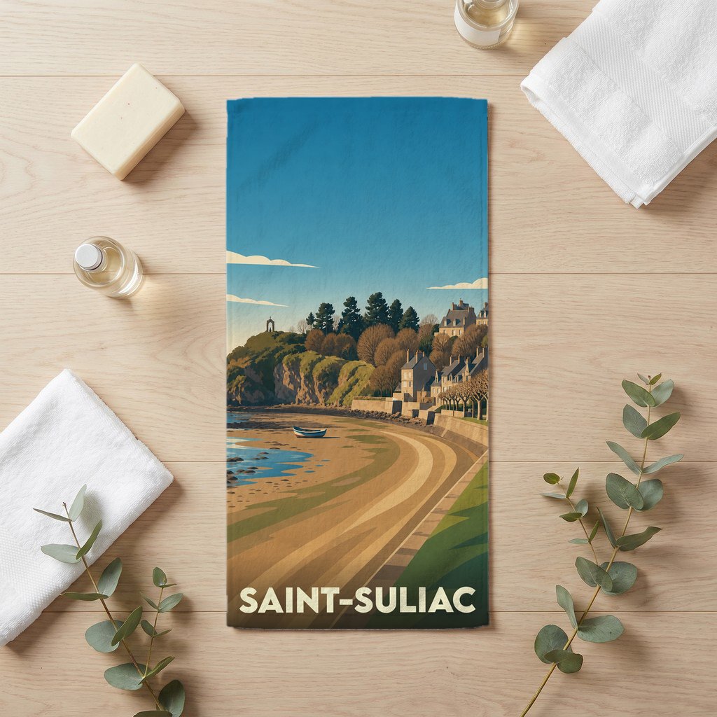 Serviette de bain souvenir de la ville de Saint-Suliac avec une illustration stylisée de son paysage côtier.
