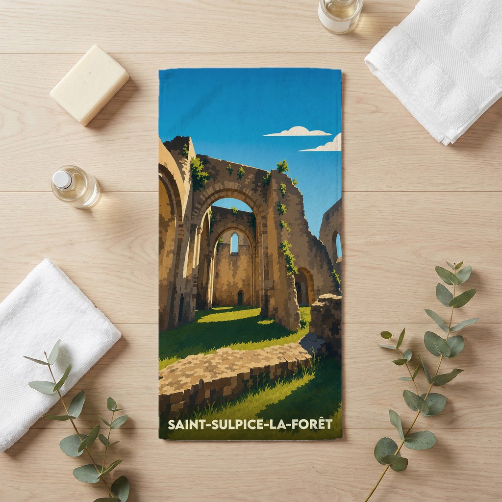 Serviette de bain souvenir de Saint-Sulpice-la-Forêt illustrant les ruines stylisées de son abbaye.