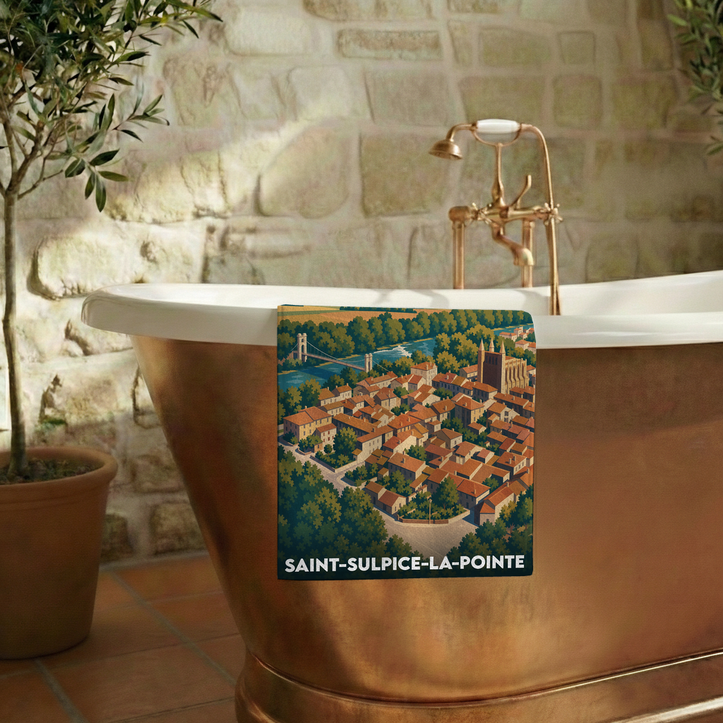 Serviette de bain souvenir de la ville de Saint-Sulpice-la-Pointe avec une illustration panoramique stylisée.