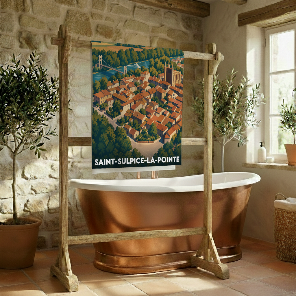 Serviette de bain souvenir de la ville de Saint-Sulpice-la-Pointe avec une illustration stylisée.