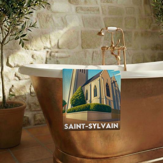 Serviette de bain souvenir de la ville de Saint-Sylvain avec une illustration stylisée.