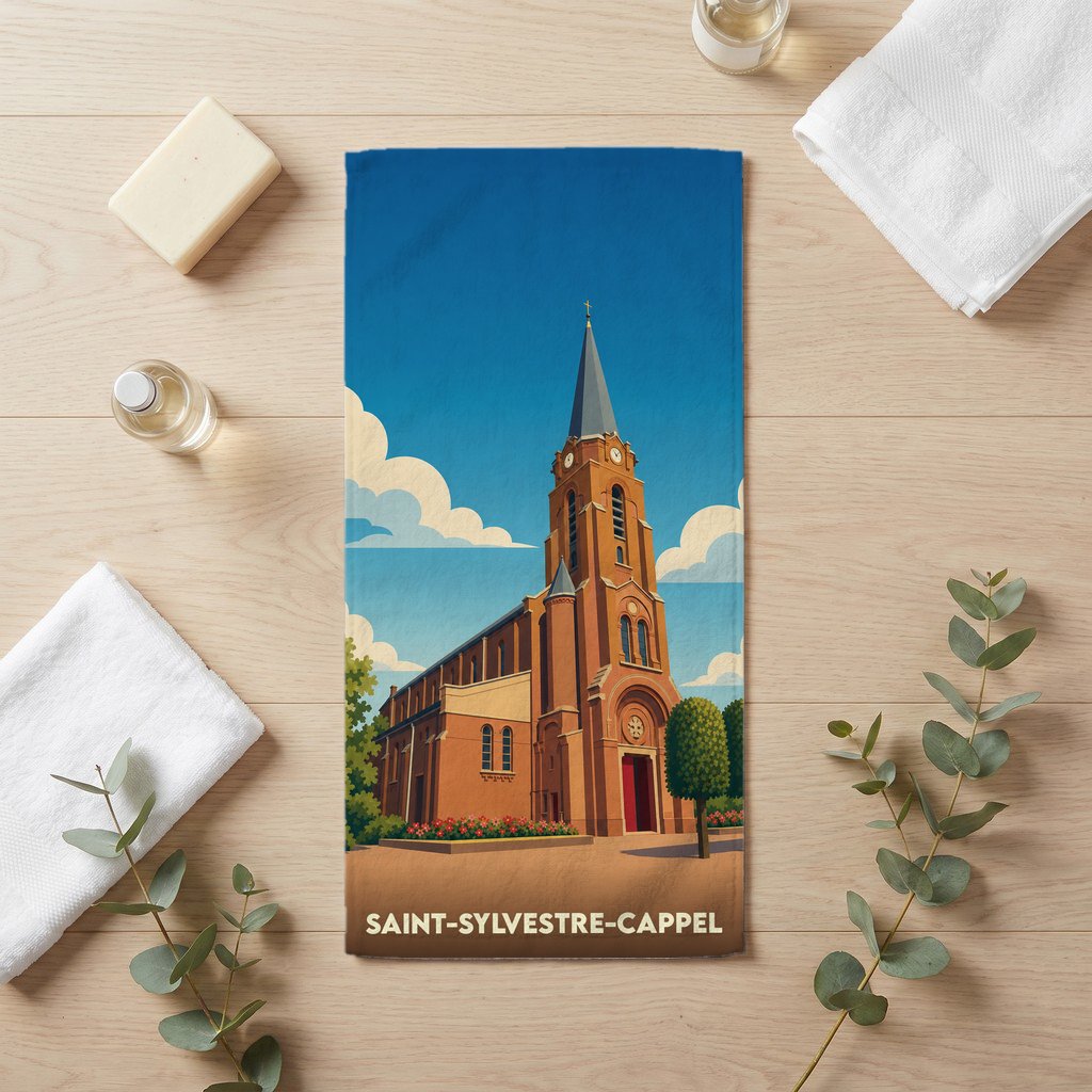 Serviette de bain souvenir de la ville de Saint-Sylvestre-Cappel avec une illustration stylisée de son église.
