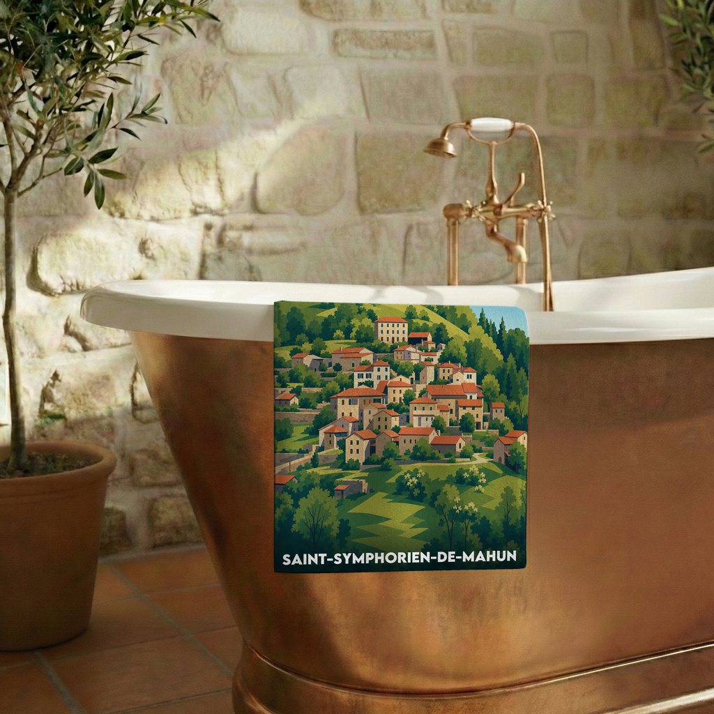 Serviette de bain souvenir de Saint-Symphorien-de-Mahun avec une illustration de village stylisée.