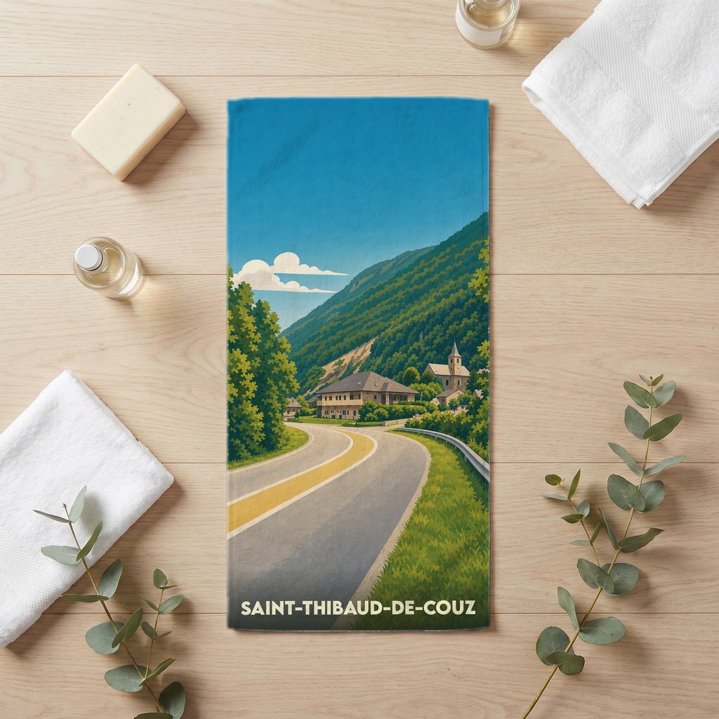 Serviette de bain souvenir de Saint-Thibaud-de-Couz ornée d'une illustration de paysage de montagne.