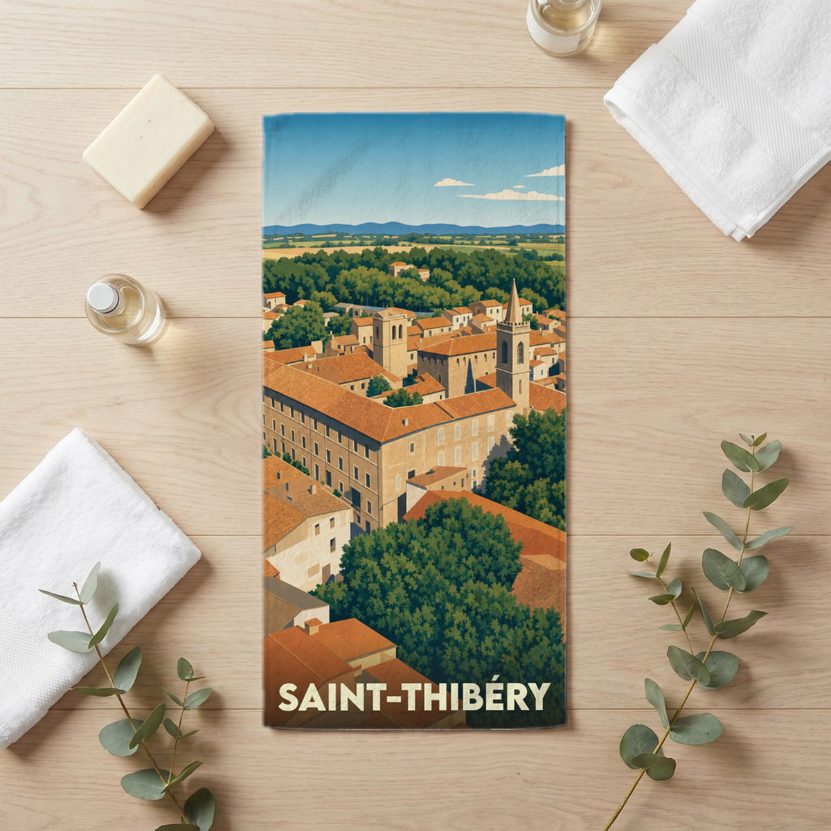 Serviette de bain 30 cm x 60 cm souvenir de Saint-Thibéry