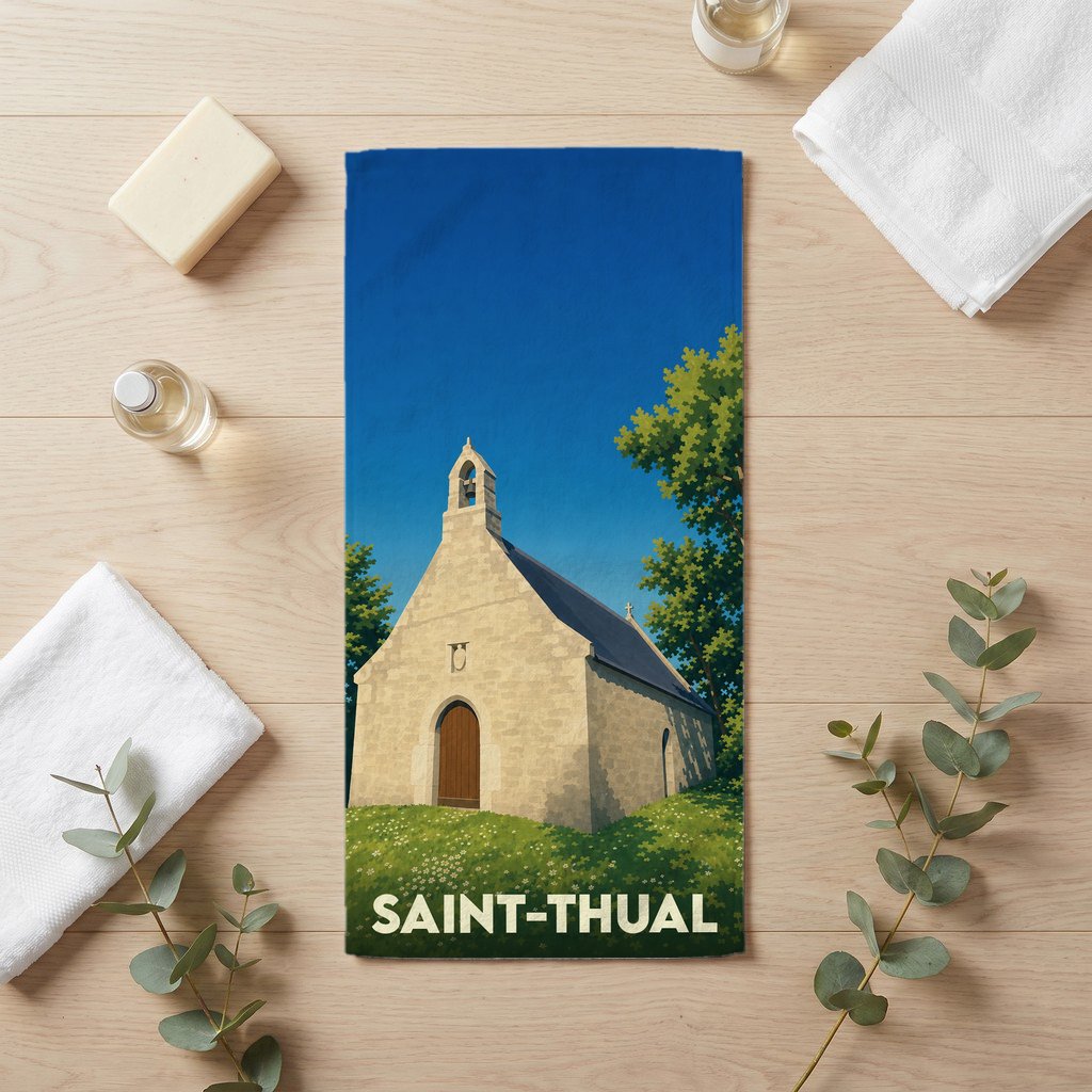 Serviette de bain souvenir de la ville de Saint-Thual avec une illustration stylisée d'une chapelle.