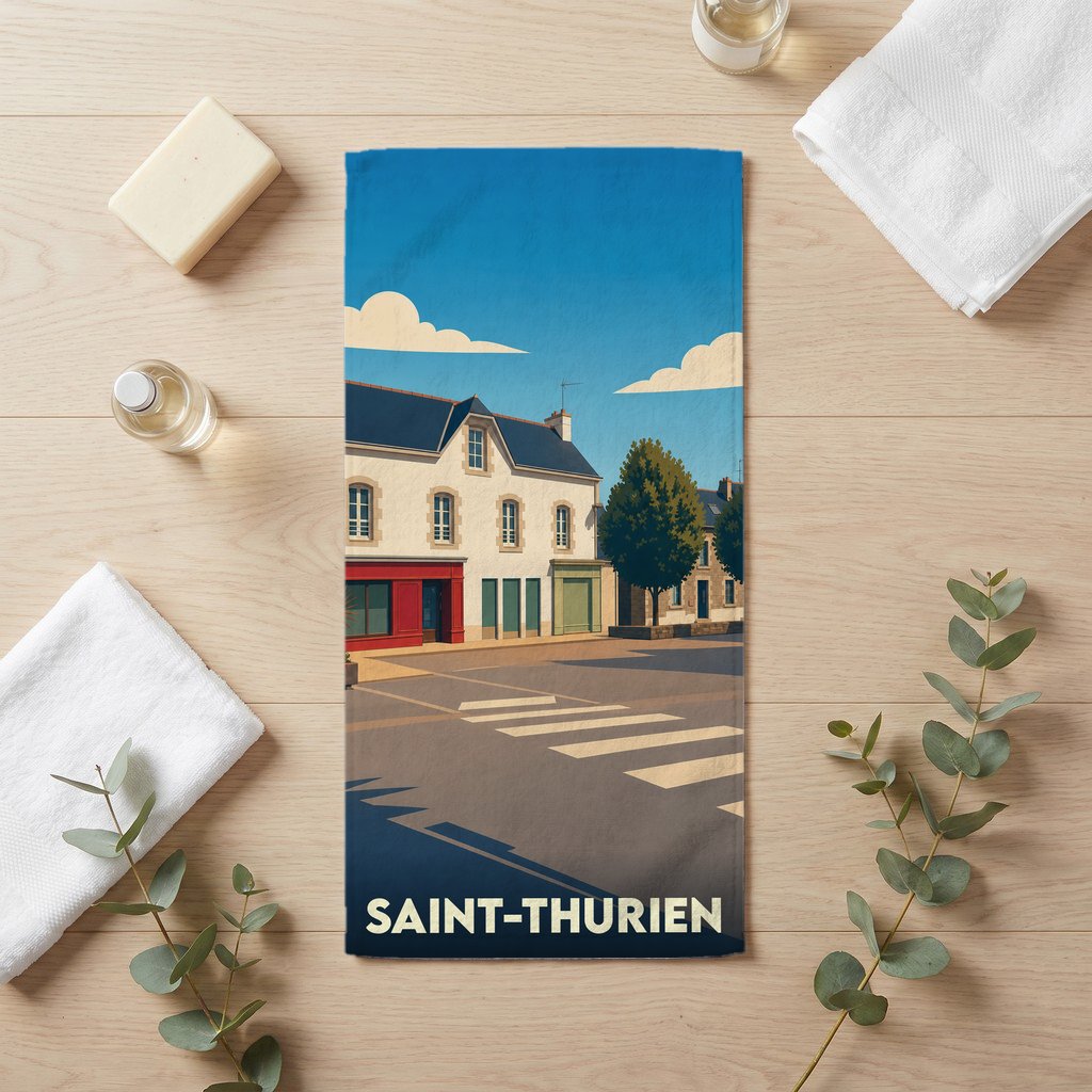 Serviette de bain souvenir de la ville de Saint-Thurien avec une illustration stylisée.