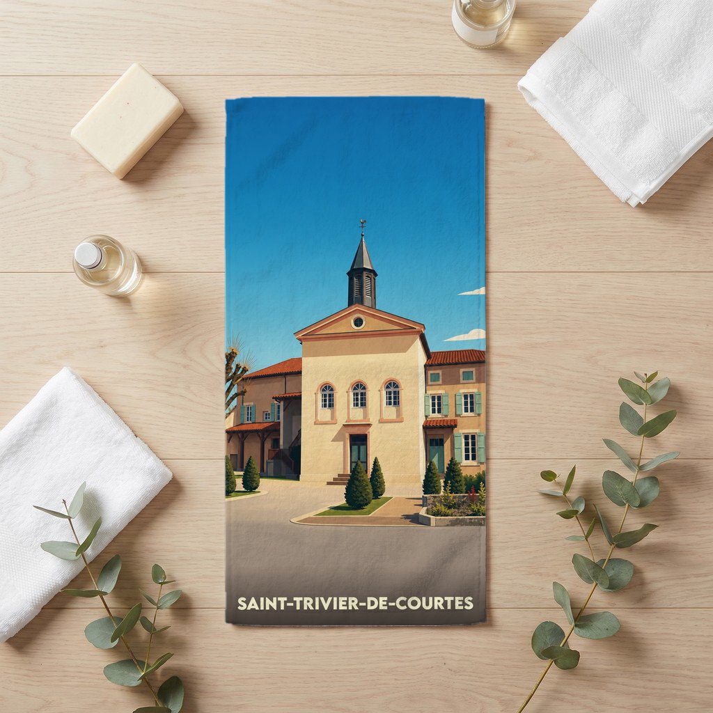 Serviette de bain souvenir de la ville de Saint-Trivier-de-Courtes avec une illustration stylisée de son église.