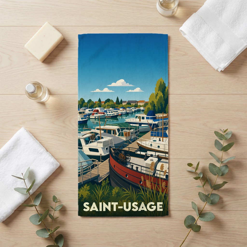 Serviette de bain souvenir de la ville de Saint-Usage avec une illustration stylisée d'un port de plaisance.