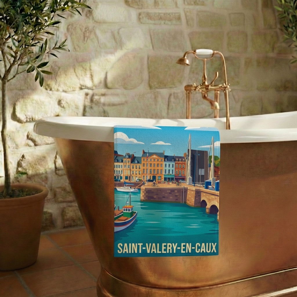 Serviette de bain souvenir de la ville de Saint-Valery-en-Caux avec une illustration stylisée de son port.