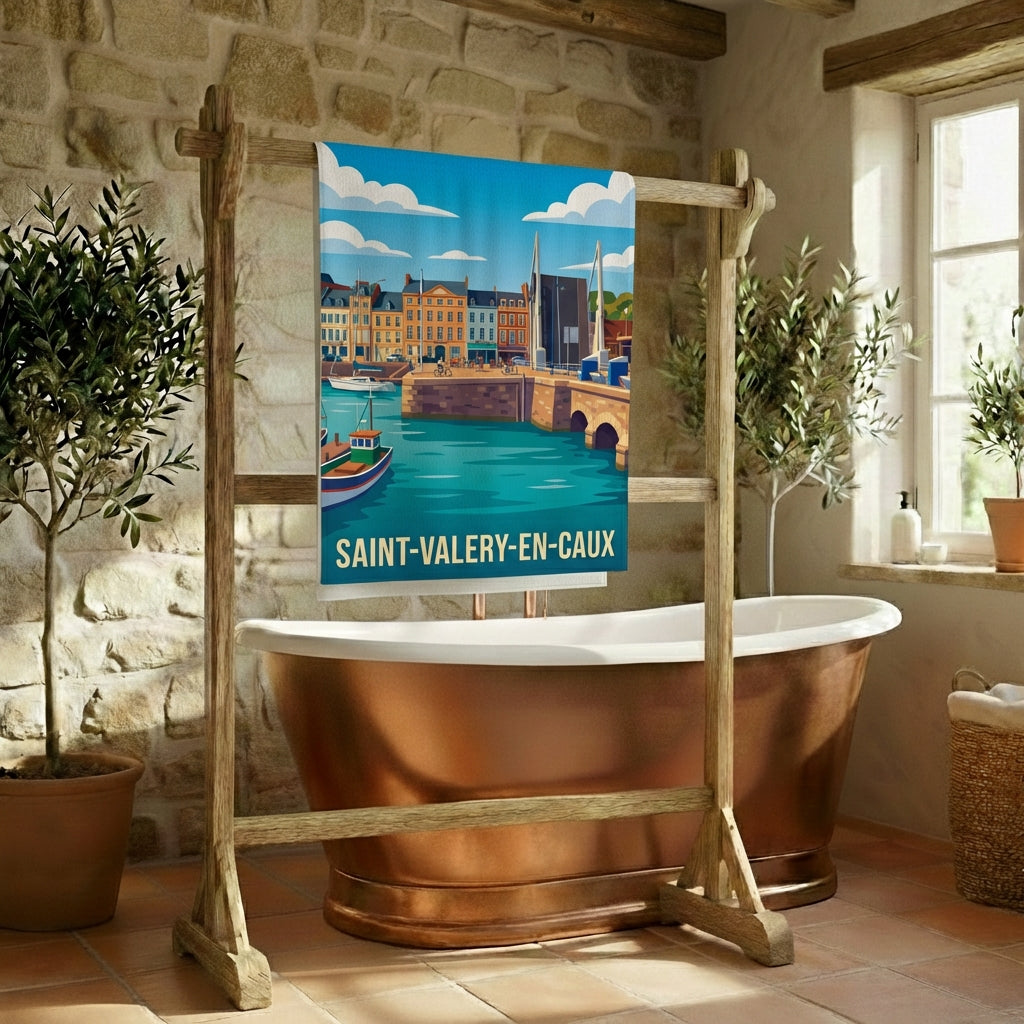 Serviette de bain souvenir de la ville de Saint-Valery-en-Caux avec une illustration stylisée du port.