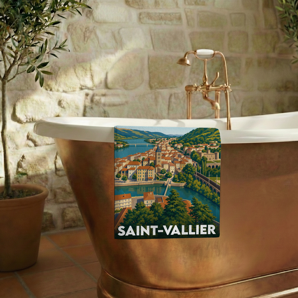 Serviette de bain souvenir de la ville de Saint-Vallier avec une illustration stylisée.