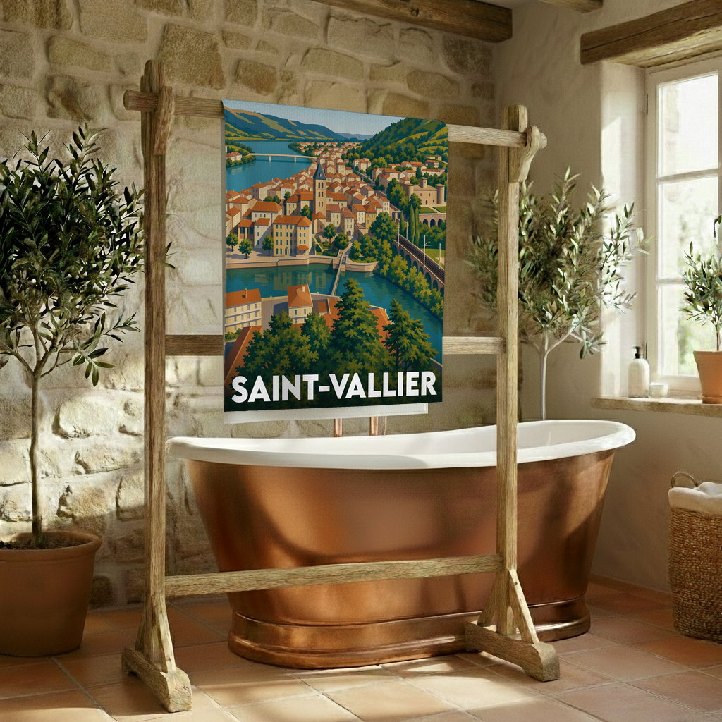 Serviette de bain souvenir de la ville de Saint-Vallier avec une illustration stylisée.