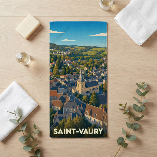 Serviette de bain souvenir de la ville de Saint-Vaury avec une illustration stylisée d'un paysage urbain.
